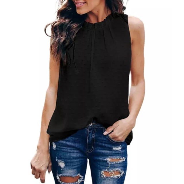 EGNMCR Camisoles pour Femmes Été Femmes Couleur Unie Pois Col Rond Sans Manches T-Shirts