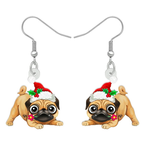 NEWEI Christmas Day Acrylic Adorable Christmas Pug Dog Earrings Santa Hat Pets Bow Tie Collar Puppy Dangle Jewelry Charms For Dog Lovers Women Birthday Holiday Gifts