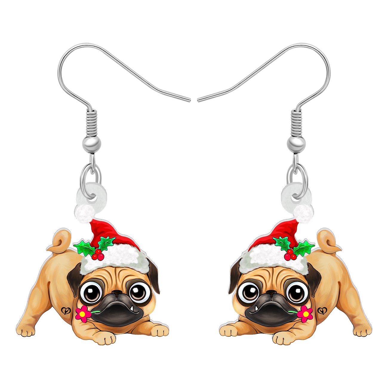 NEWEI Christmas Day Acrylic Adorable Christmas Pug Dog Earrings Santa Hat Pets Bow Tie Collar Puppy Dangle Jewelry Charms For Dog Lovers Women Birthday Holiday Gifts