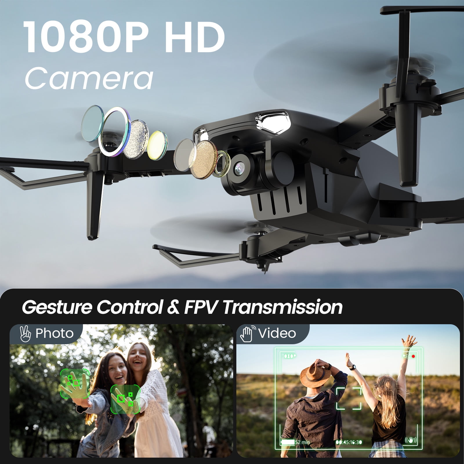Drone for Kids Adults, Wefone WF11 1080P HD Camera Drones with FPV Transmission Mini Foldable  RC Quadcopters for Beginners, 2 Batteries, Black