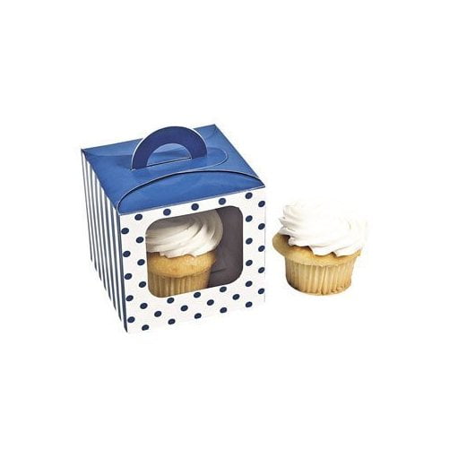 Blue Polka Dot Cupcake Boxes With Handle Solid Color Party Supplies