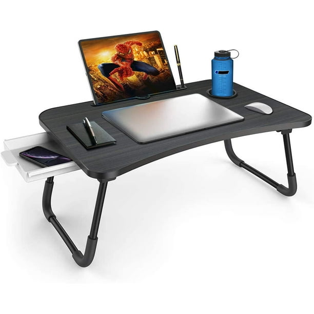 Table de lit pliable pour ordinateur portable avec tiroir de rangement et  porte-bouteille d'eau, plateau de service avec fente pour manger, travail  sur lit/canapé/canapé (forme d'arc) 
