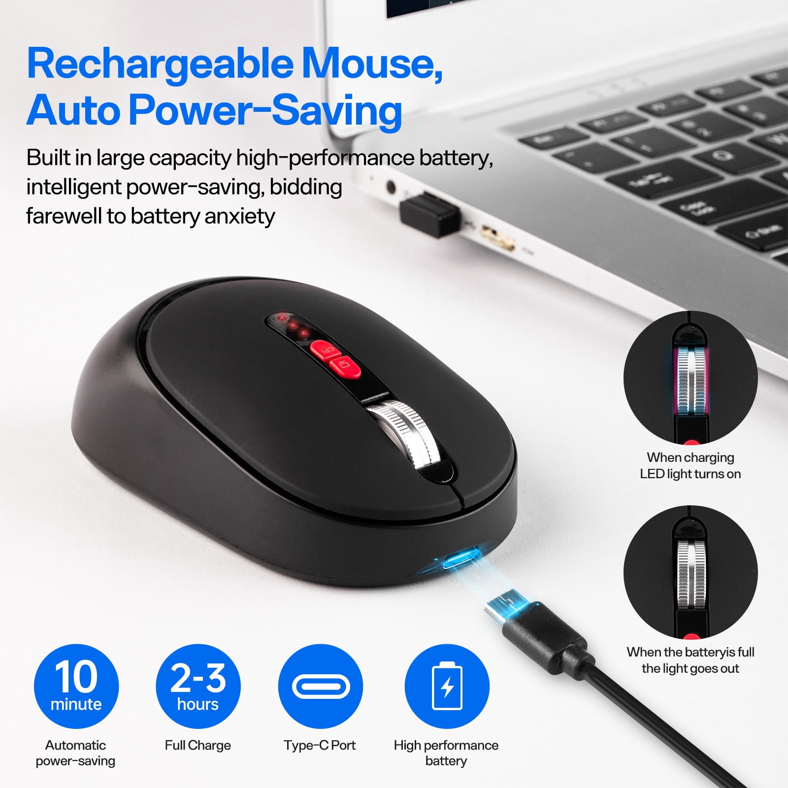 Type-C Dual Port Wireless Bluetooth Mouse, Rechargeable 2.4G/USB-C Mouse with Battery Display, for MacBook, Laptop, PC, Tablet, Phone