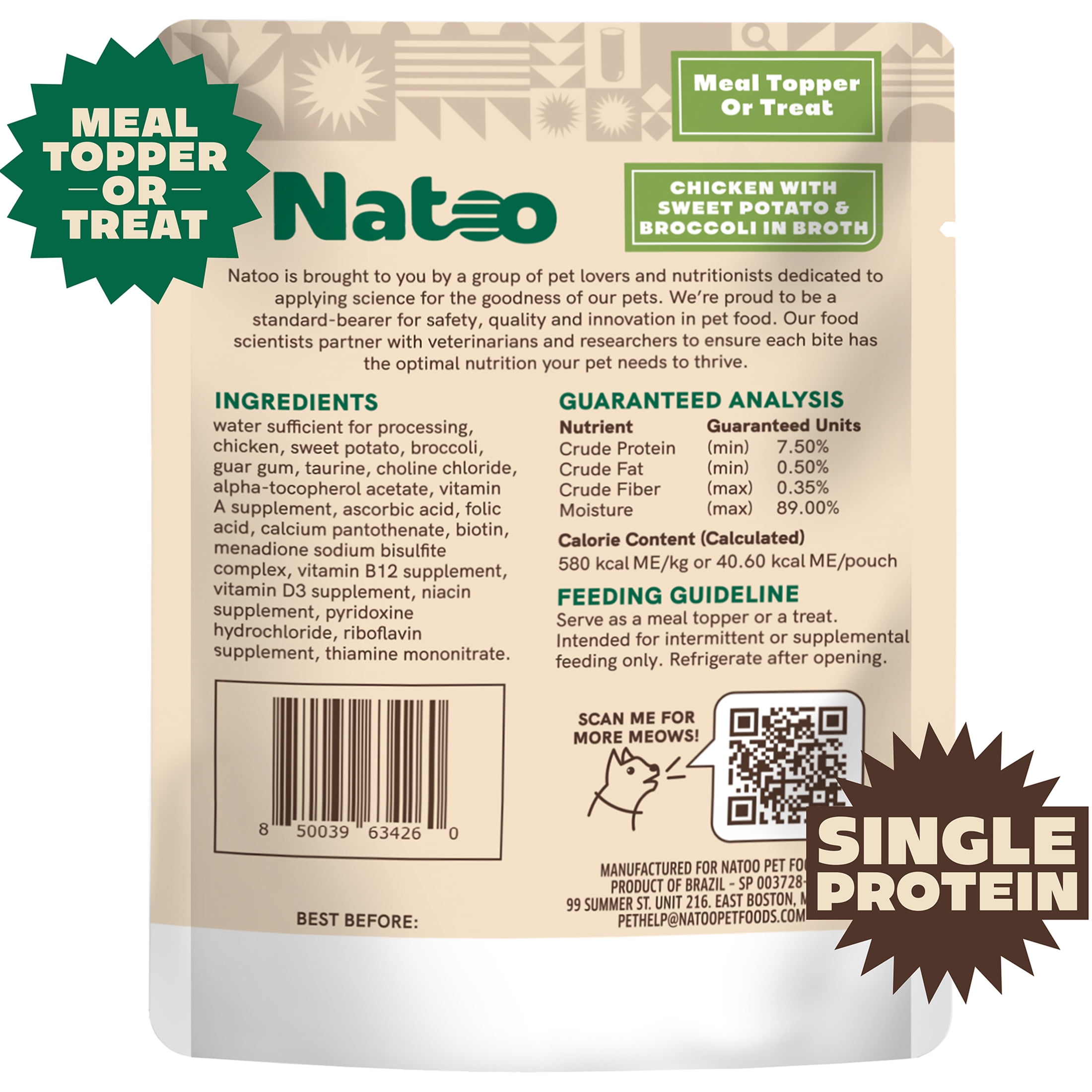 Natoo Cat Food Topper for Picky Eaters, Healthy Soft Cat Treat (Chicken, Sweet Potato & Broccoli) Wet Cat Food, Gravy Cat Food, High Protein, Limited Ingredient Cat & Kitten Food (Case of 20) 2.4oz E