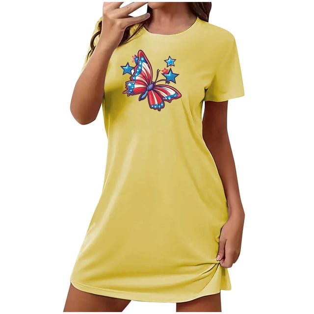 Tnhcen Robe de Nuit d'Été Grande Taille pour Femmes à Manches Courtes – Col Rond Imprimé Mignon devant Polyester Spandex Doux P-2TG pour Maison Confortable/détente
