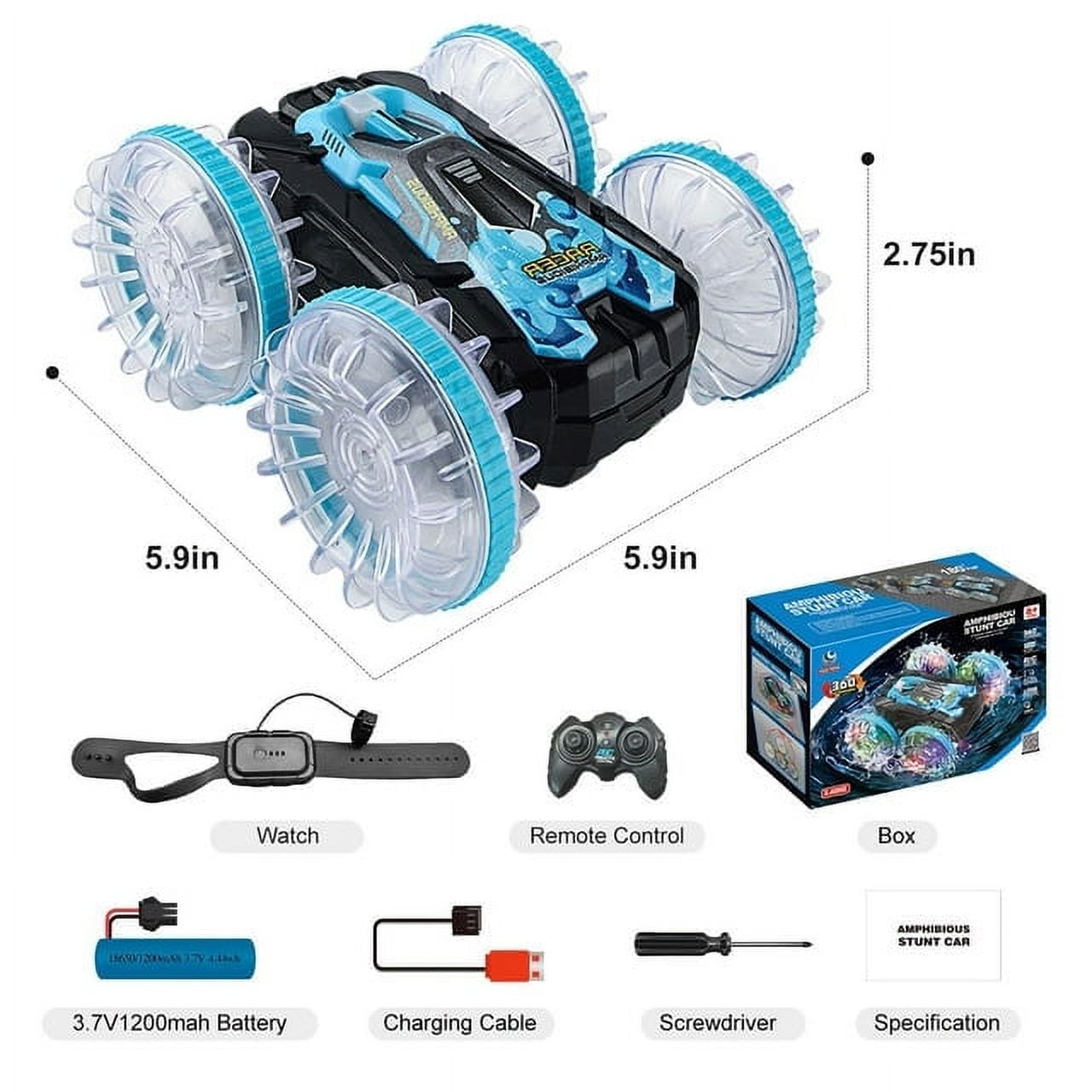 Amphibious Remote Control Cars Toys, Amphibious Waterproof 4WD RC Stunt Car Toys for Kids, 2.4 GHz 360° Rotating RC Drift Cars with LED Light, Toy Cars Gifts for 3-12 Year Old Boys Girls,Blue