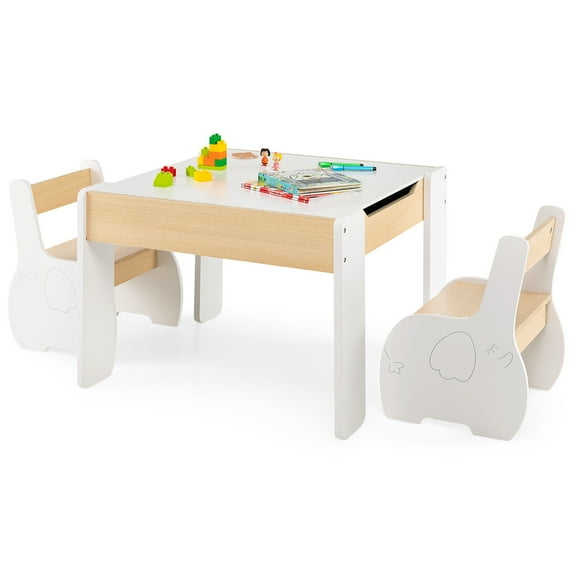 Gymax 4-in-1 Kids Wooden Table & 2 Chairs Set w/ Storage Detachable Blackboard Drawing