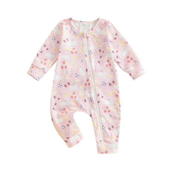 Baby Toddler Girl Easter Casual Jumpsuit 3 6 12 18 Months Long Sleeve Oblique Zipper Bunny Print Romper