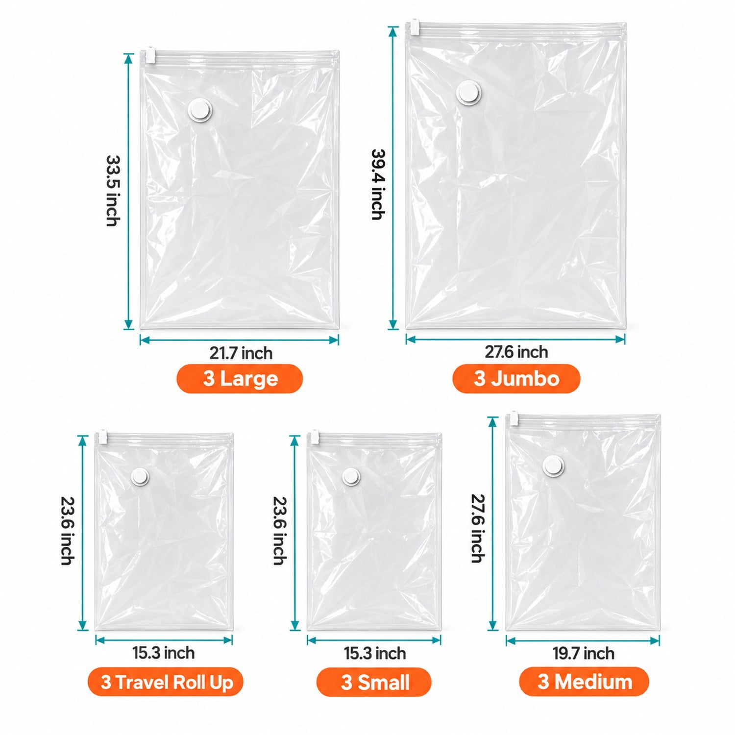 Vacuum Storage Bags, 15 Pack Space Saver Seal Bag(3 Jumbo/3 Large/3 Medium/3 Small/3 Roll), Compression Airtight Zipper Space Bags with Electric Pump, for Cloth, Bedding, Blanket, Pillow, Travel