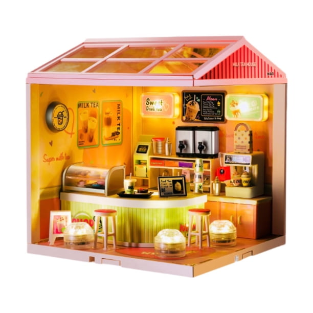 Kit de casa de muñecas en miniatura para armar, juguete educativo, exhibición, cubierta a prueba de polvo, coleccionables Tienda de té con leche