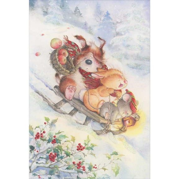 Pictura Dog, Rabbit and Mouse Sledding Down Hill on Wood Sled Christmas Card