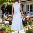 thumbnail image 3 of Pounoo Robes Midi pour Femmes Sans Manches à Imprimé Rayé, Col à Revers, Robe Boutonnée avec Taille Ajustable à Nouer, Ourlet Fluide, Robes de Travail Quotidiennes, Cadeau, 3 of 5