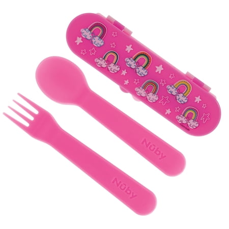 Nuby Plastic Toddler Fork & Spoon with Travel Case, Rainbows