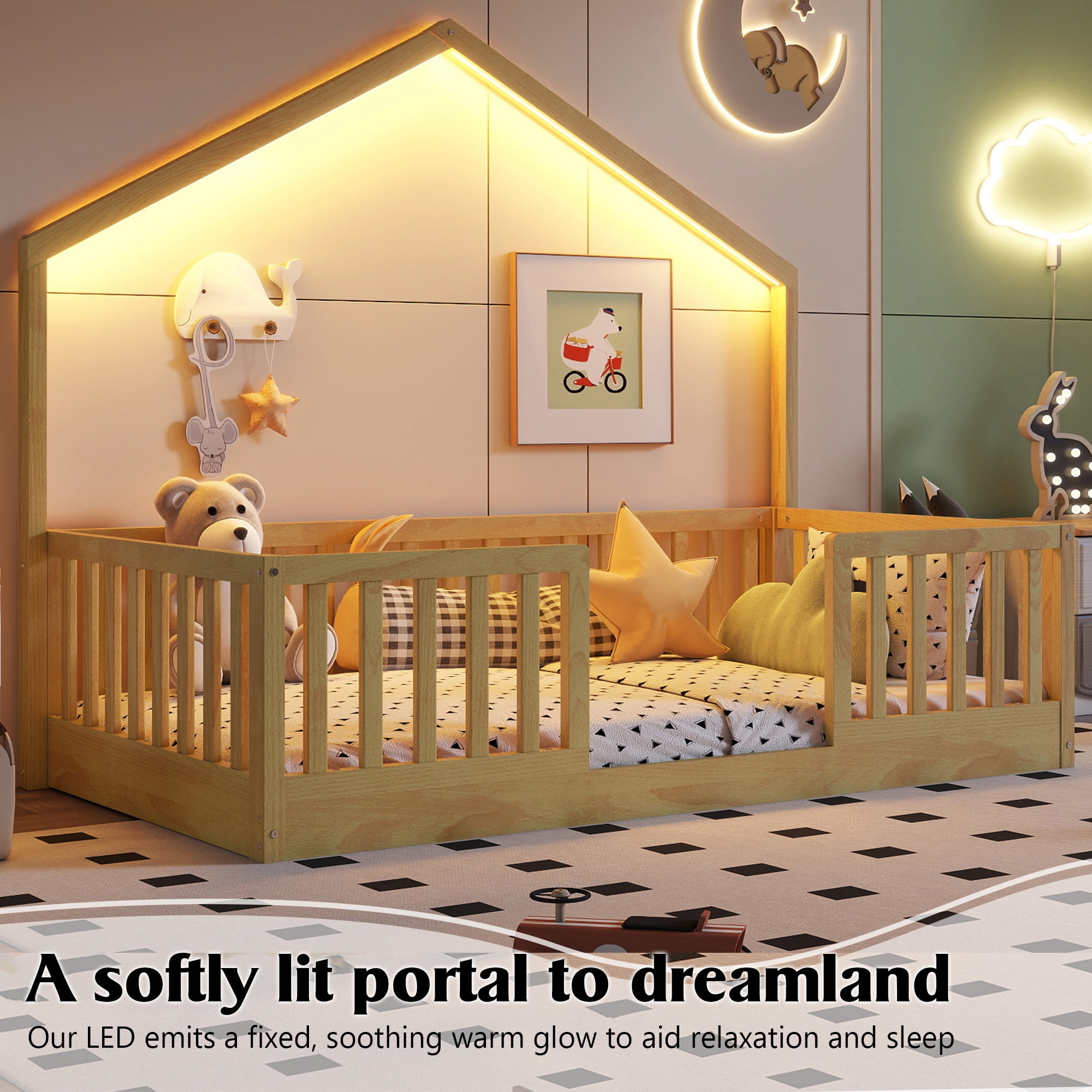 Mirightone Twin Floor Bed Frame with LED Light & High Guardrail, Pine Wood Montessori Bed Twin Size House Floor Bed, Slats Included (Natural)