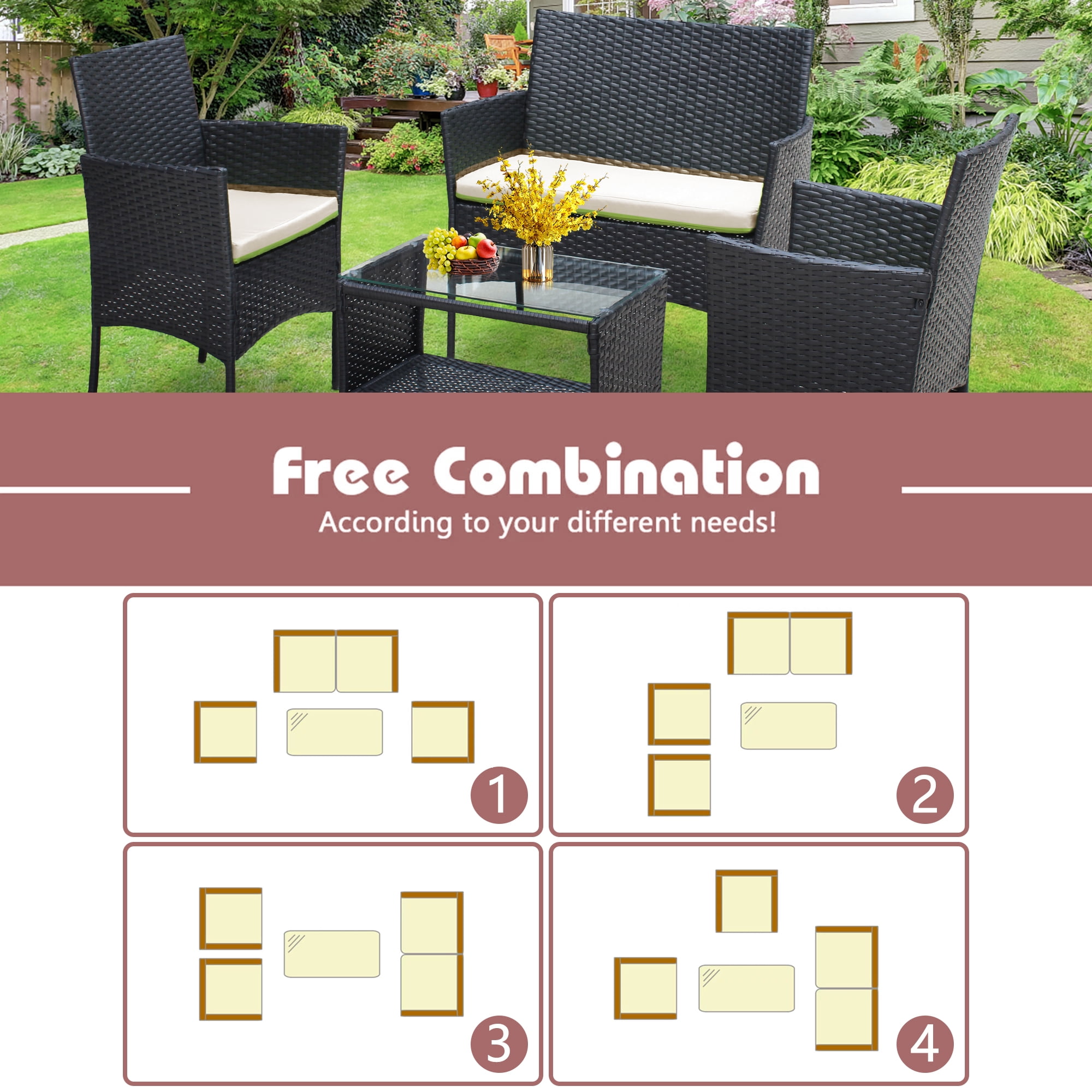 4 Pieces Outdoor Wicker Conversation Set, All-Weather Rattan Patio Furniture Sets with Arm Chairs, Tempered Glass Tabletop and Cushions, Sectional Sofa Set for Backyard, Garden, Poolside
