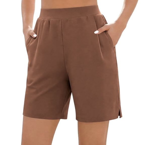cocolona Womens Summer Casual Work Shorts Elastic Waist Straight Splited Wide Leg Yoga Shorts with Pockets