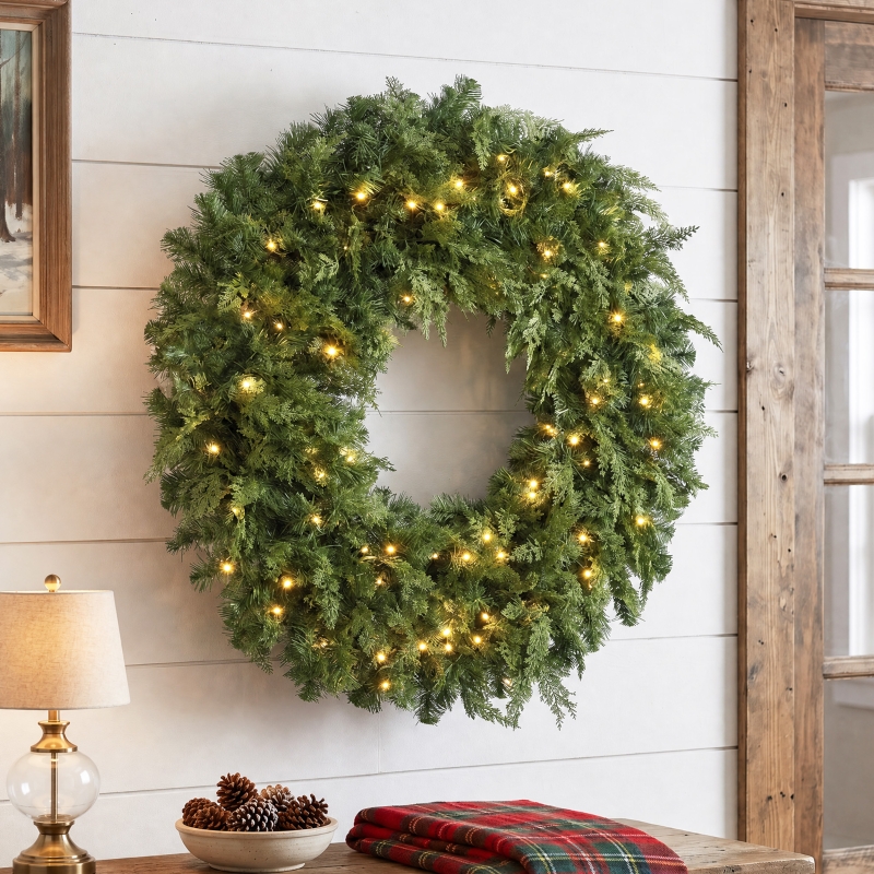 Alvantor Christmas Wreath Pre-Lit Crestwood Spruce with 100 LEDs & 8 Modes 36"x36"x6" Green