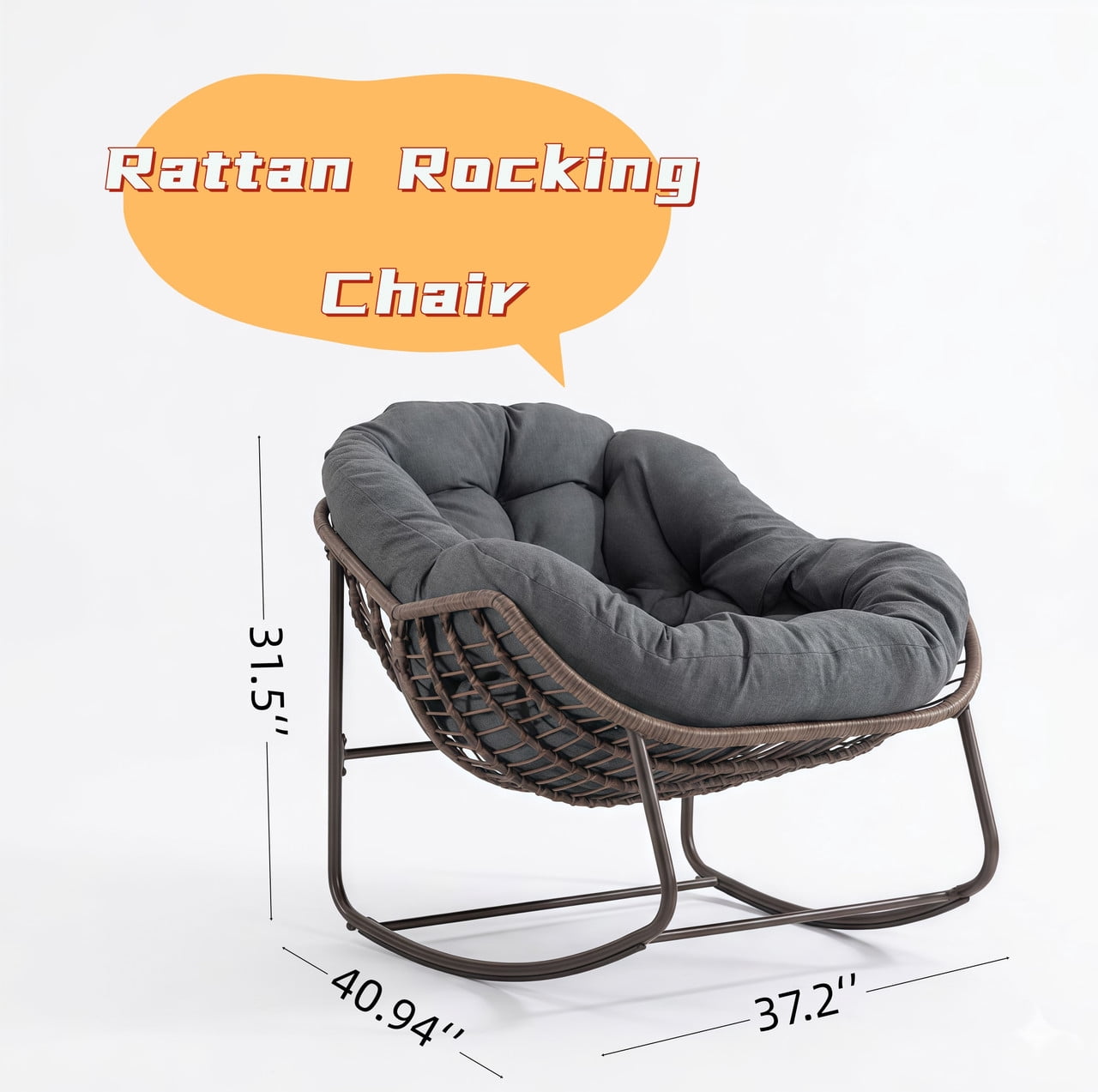 Indoor & Outdoor Comfy Rocker Chair with Thick Cushion, Oversized Rattan Egg Chair for Balcony, Wicker Papasan Rocker