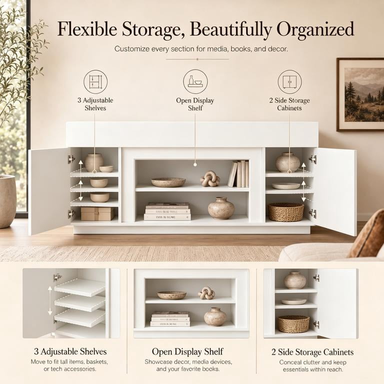 Lacoo 70-Inch TV Stand for 55-80 Inch TVs, Modern Entertainment Center with Storage Cabinets and Adjustable Shelves, Media Console for Living Room, White