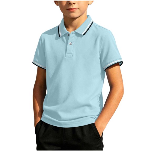 Mooqilaa Boys Polo Shirts with Collar, Short Sleeve Summer Knitted Casual Boys School Uniform Tops Light Blue Size 8