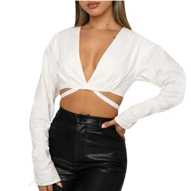 Camisas Para Mujer Nuevo Color Sólido Cuello en V Correas Recortadas Ombligo Corto Casual Cremallera Trasera Cárdigan Moda Camisa de Manga Larga Odeerbi ODB129892