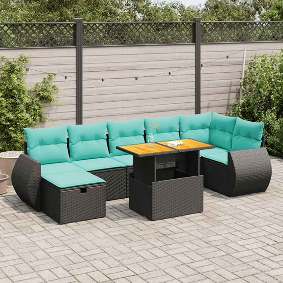 vidaXL 8 Piece Patio Sofa Set with Cushions Black Poly Rattan Acacia