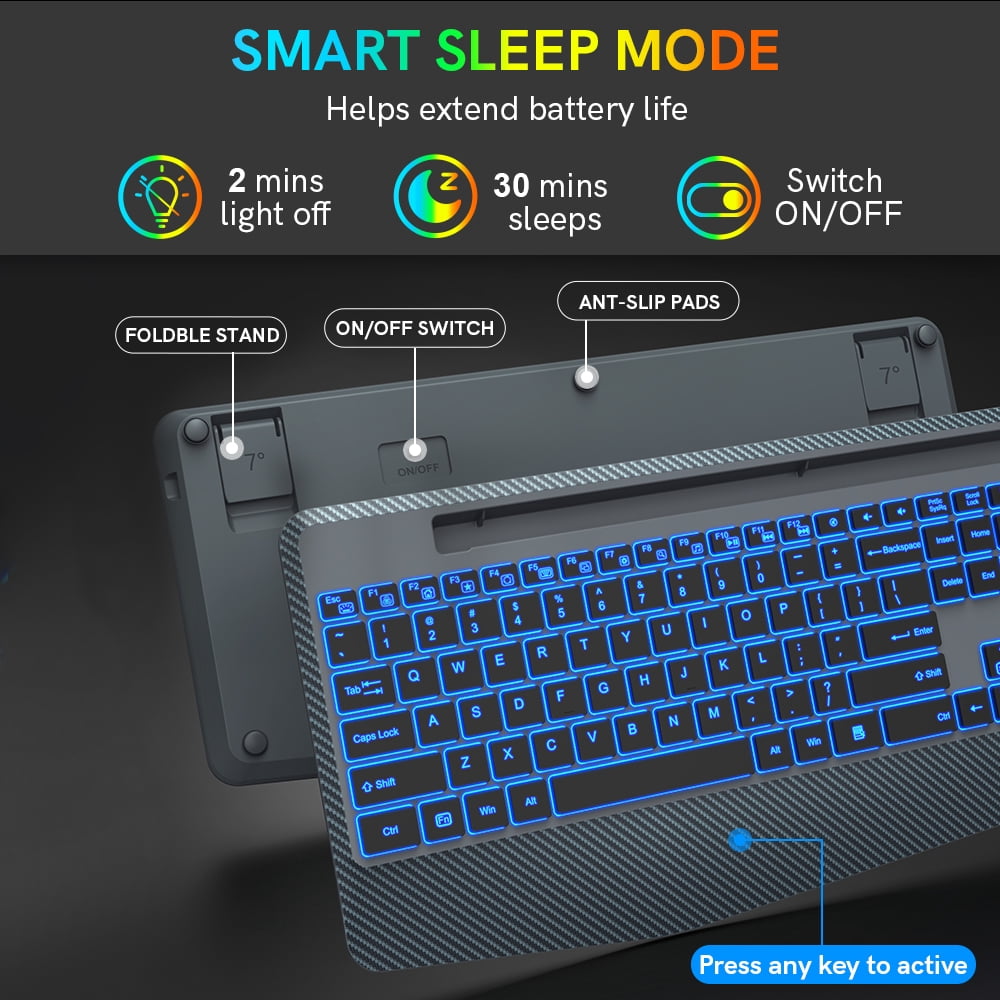 Wireless Keyboard with 7 Colored Backlits, Wrist Rest-Gray-Wagpak