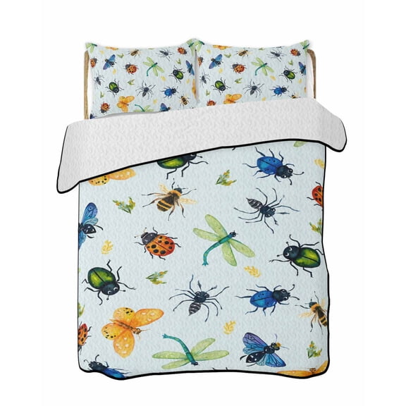 Twin Quilt Bedding Set, Spring Butterfly Dragonfly Reversible Summer Quilt 3 Pieces, Rustic Botanical Floral Teal Green Lightweight Bedspreads Coverlets with 2 Pillow Shams for All Seasons