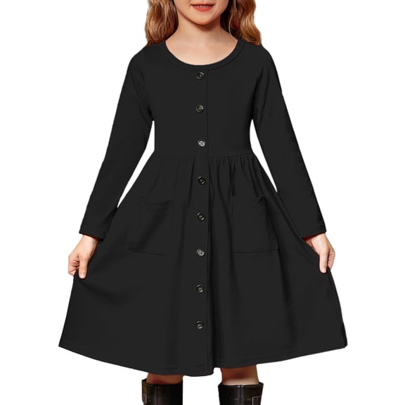 Arshiner Girls Long Sleeve Dresses Button Down Midi Dress with Pockets