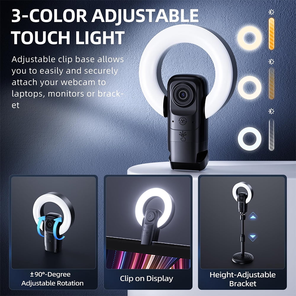 4K Webcam with AI Autofocus, Ring Light, Remote Control, Noise-Cancelling Mic for Streaming, Meetings, Classes