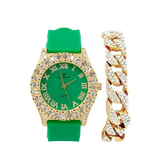 Mens Gold Big Rocks with Roman Numerals Fully Iced Out Colorful Dial Watch w/Bling'ed Out Cuban Shiny Gold Bracelet - ST10327 RN Cuban (ST10357C Gold Green)