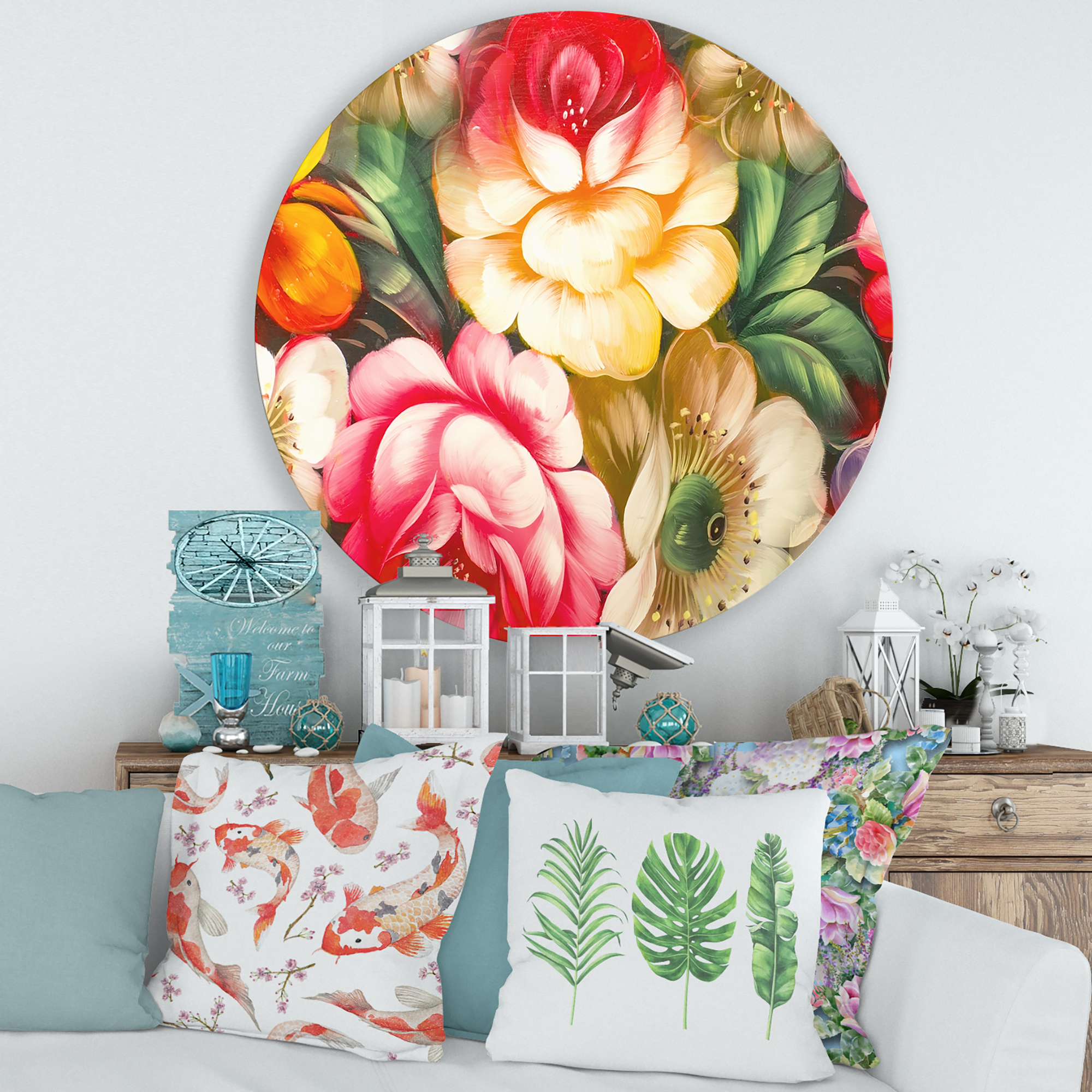 Designart 'Red and Yellow VIntage Flowers' Traditional Circle Metal Wall Art 29x29 - Disc of 29