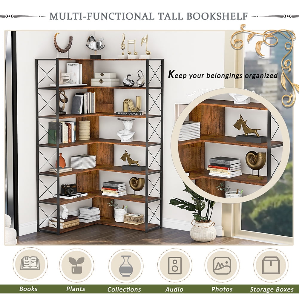 Resenkos 7-Tier Bookcase Home Office Bookshelf,L-Shaped Corner Bookcase with Metal Frame,Industrial Style Shelf with Open Storage,Brown