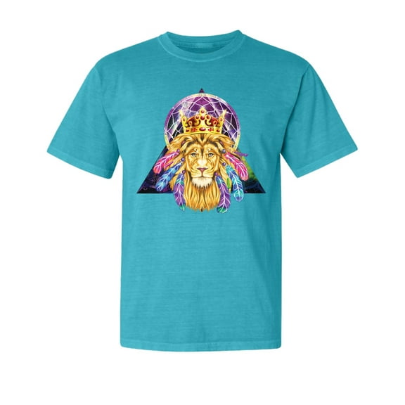 Wild Bobby, Lion Throne King Crown, Animal Lover, Garment-Dyed Washed Look Short Sleeve T-Shirt, Blue Lagoon, Small