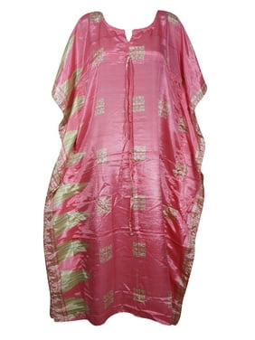 Mogul Women Pink Floral Maxi Kaftan Printed Kimono Sleeves Resort Wear Housedress Holiday Caftan Dresses 2XL
