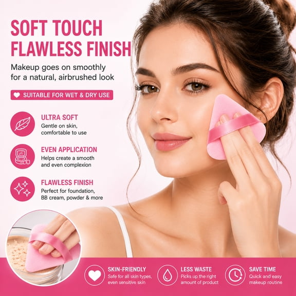 15PCS Pink Triangle Powder Puff Set, Soft Velour Makeup Puffs with Finger Strap, Reusable Face Powder Applicator for Loose Powder, Foundation, Setting Powder and Makeup Blending