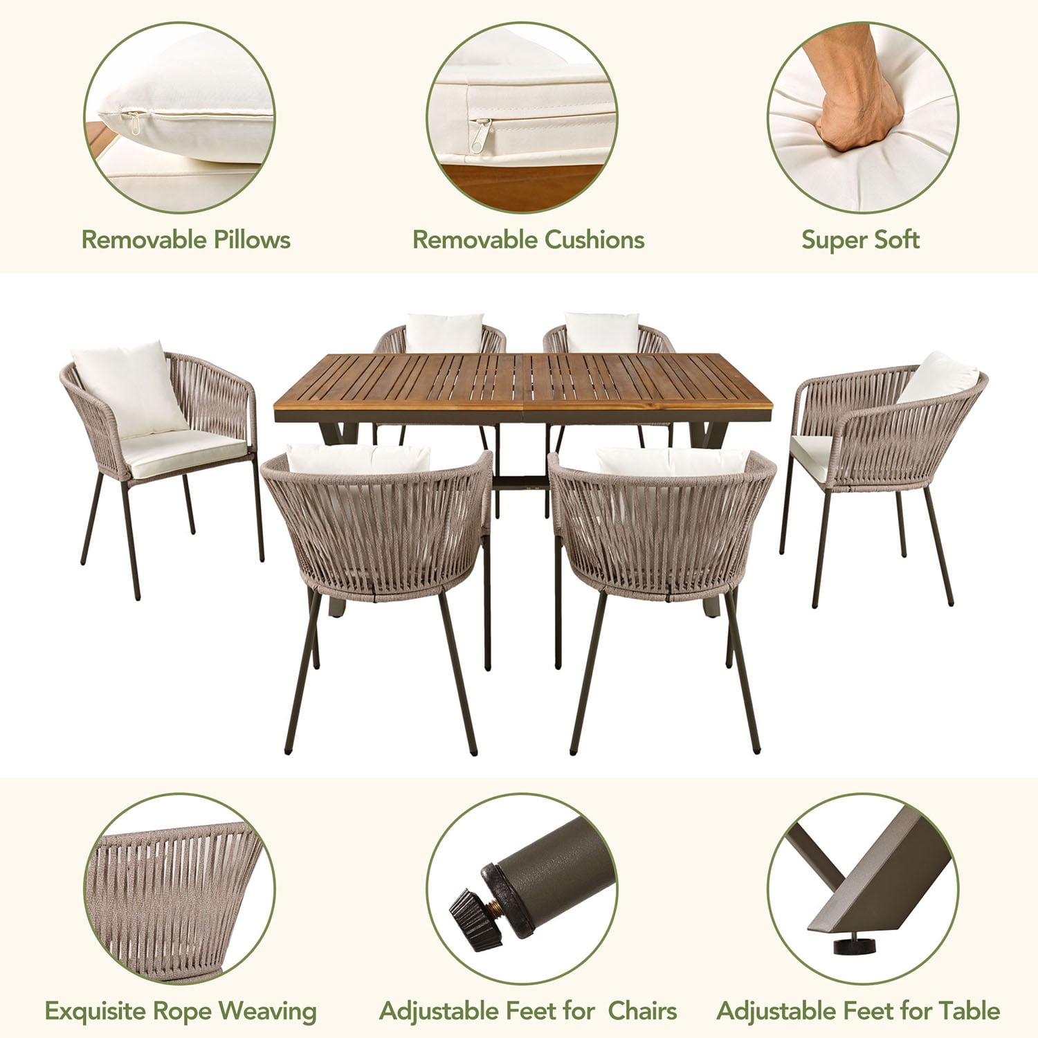 Aimee Lii 7 Pieces Outdoor Patio Dining Set Acacia Wood Garden Table with Umbrella Hole and Rope Metal Frame Chairs, Outdoor Furniture Set, Beige Aimee Lii 7 Pieces Outdoor Patio Dining Set Acacia Wood Garden Table with Umbrella Hole and Rope Metal Frame Chairs, Outdoor Furniture Set, Beige