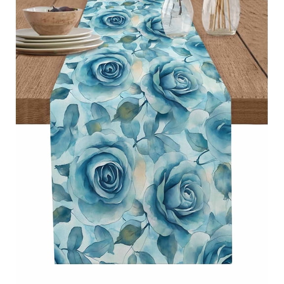 Tel Blue Roses Table Runner 72 Inches, Spring Botanical Leaves Bed Runner Dresser Scarves Tabletop for Indoor Outdoor Parties/Ceremony/Banquet, 16" x 72"
