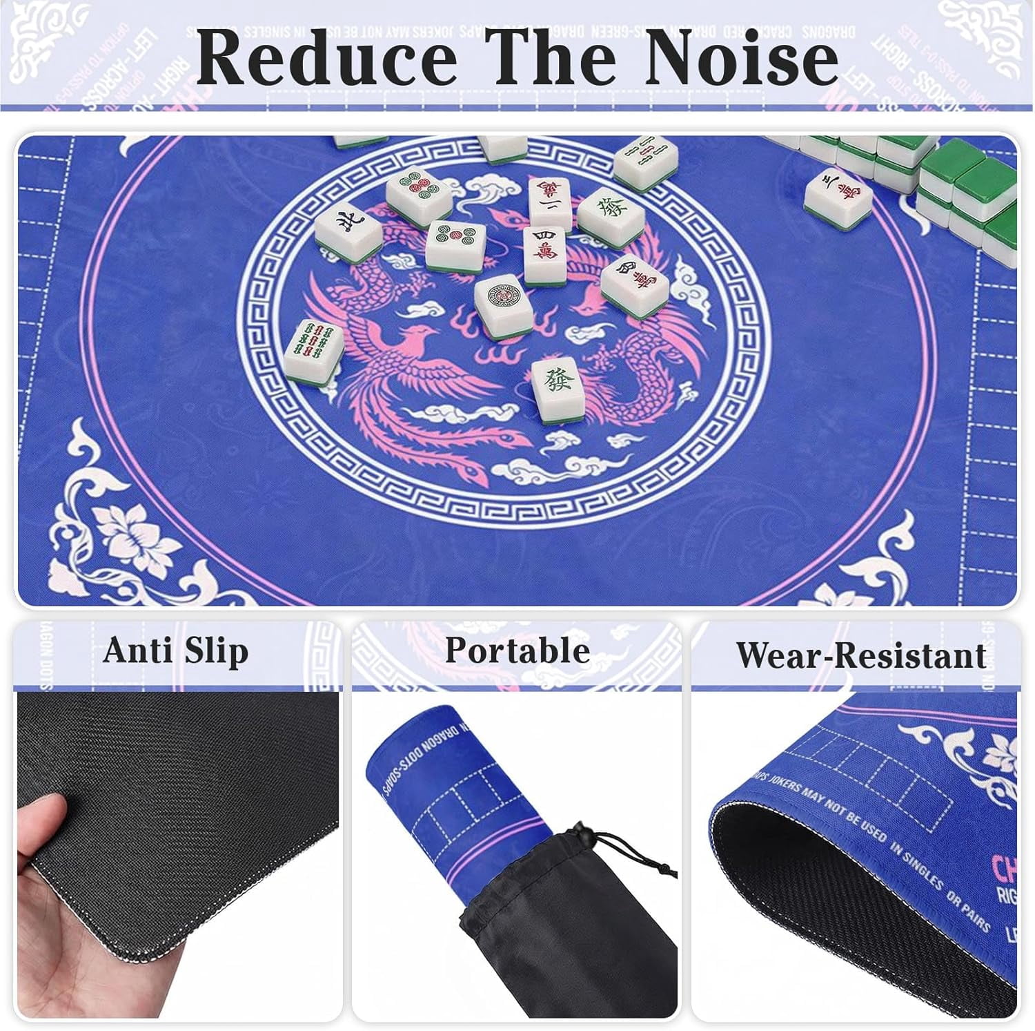 Mahjong Mat with Black Carrying Bag Blue Pink Dragon Non-Slip Noise Reduction Gaming Mat 31.5" x 31.5" Rubber Multi Purpose Game Table Cover for Mahjong Card Dominoes Board Tile Games