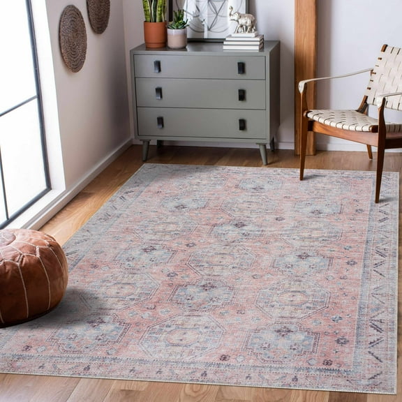 Hauteloom Morcott Traditional Living Room Bedroom Dining Room Kitchen Area Rug - Machine Washable - Vintage Distressed Faded Carpet - Bohemian Boho - Pale Pink/Red, Blue - 6'7" x 9'
