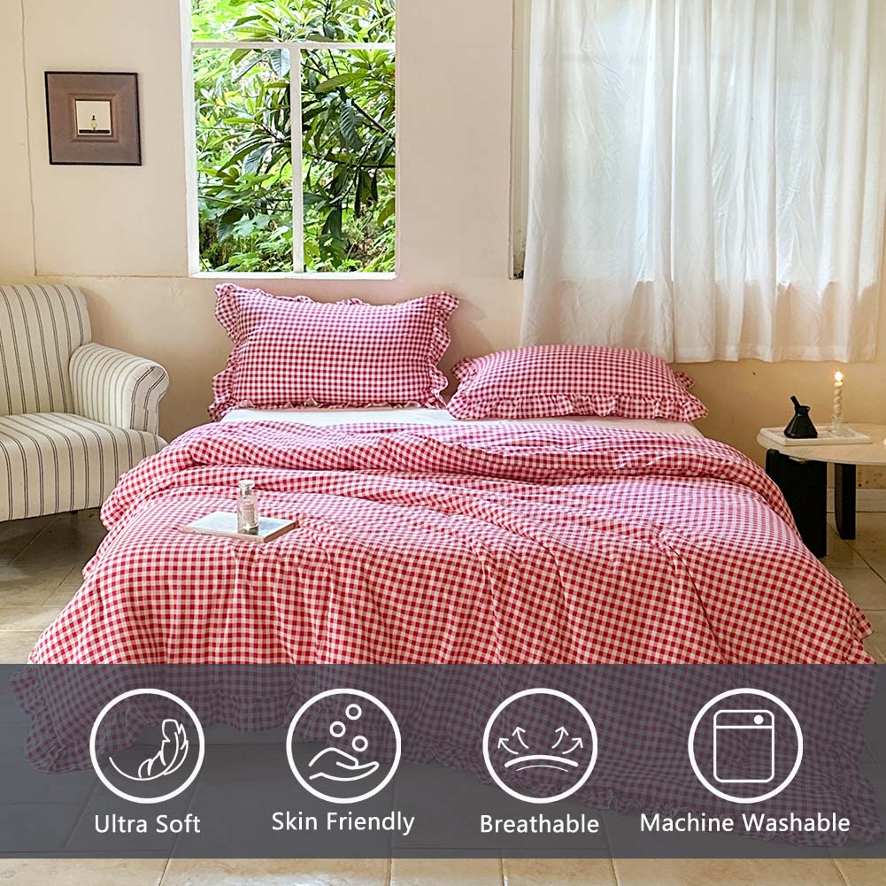 Red Gingham Ruffle King Comforter Set, Red Ruffled Plaid Bedding Set, Ruffled Checked Bed Comforter 3 Pieces(Red Gingham, King)