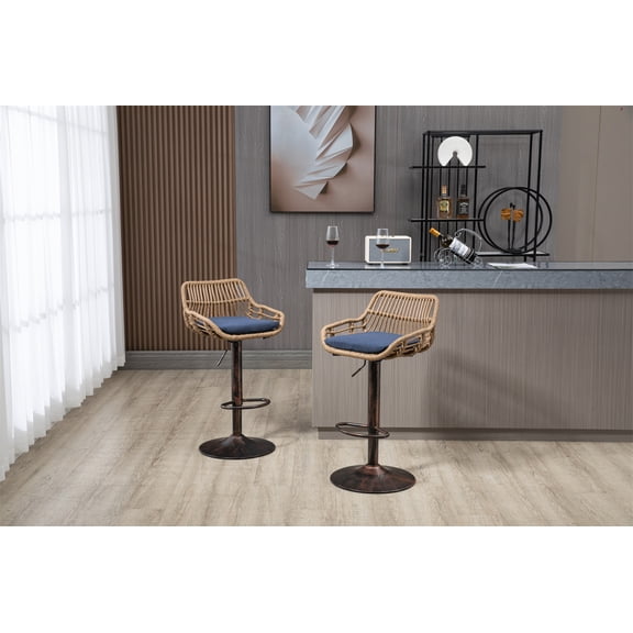 Rattan Swivel Bar Stools Set of 2, Adjustable Counter Height Bar Stools with Vintage Golden Base Footrest and Linen Cushion, Armless Dining Chairs Barstools for Kitchen Island Dining Room,Blue