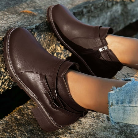 

VKEKIEO Round Toe Chelsea Boots Women Mid Heel Buckle Ornamental Zipper Brown 39