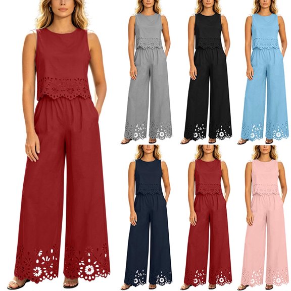 Women 2 Piece Lace Matching Outfit Set, Sleeveless Round Neck Lace Crop Top High Waist Wide Leg Pants with Floral Hollow Hem Casual Party Vacation Tracksuit Wine XL(XL)