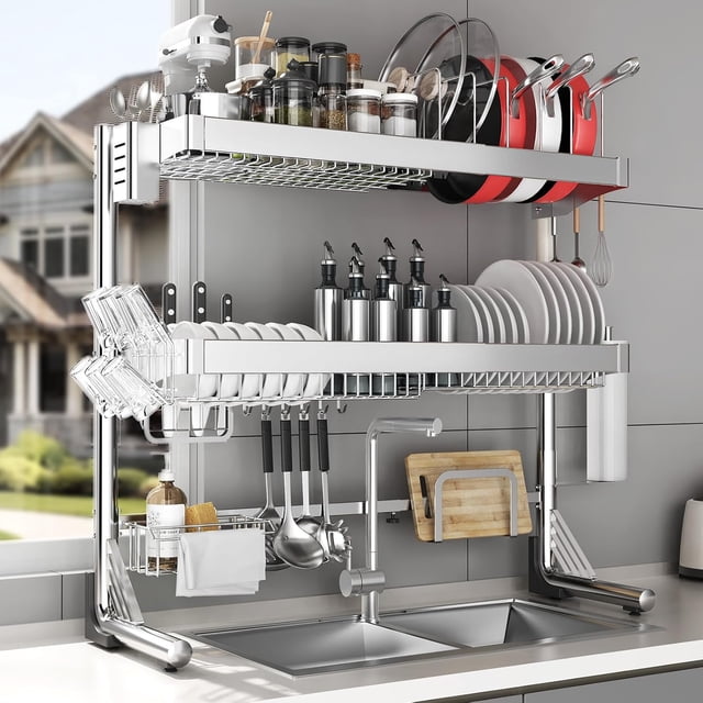 Over The Sink Dish Drainer Drying Rack 3 Tier, Full Stainless Steel Dish Drying Rack Adjustable Length 20.9''-37.4'' , Kitchen Sink Shelf, Organized Space-Saving Dish Rack with Pots and Pans Rack