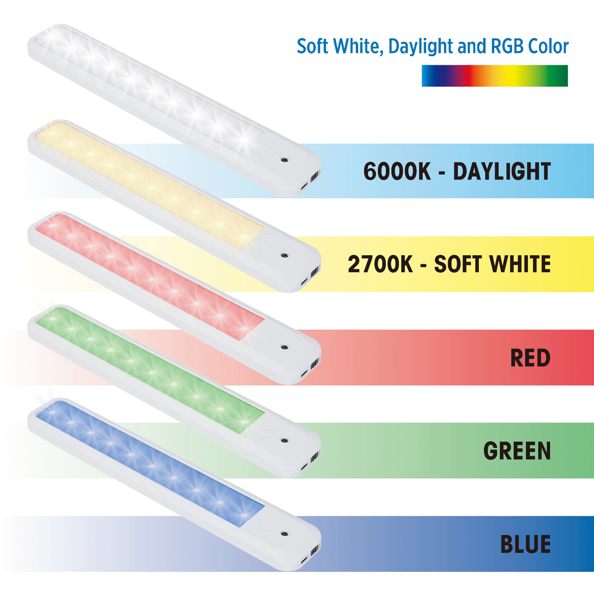 Great Value LED 100 Lumens 12-inch Rechargeable Color-Changing Under Cabinet Light, 2-Pack