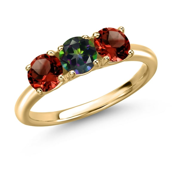 Gem Stone King 10K Yellow Gold Green Mystic Topaz and Red Garnet Engagement Ring for Women | 1.65 Cttw | Round 5MM | Gemstone November Birthstone | Size 8