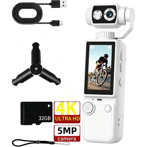 4K Ultra HD Pocket Gimbal Vlogging Camera, Built-in Fill Light, 180° Flip Lens Portable Action Cam with 32GB Card & Tripod, 2000mAh Battery for Travel Vlog Riding