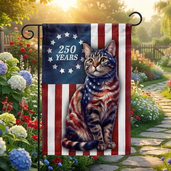 Patriotic Cat Garden Flag 12x18 Inch Double Sided Independence Memorial Outdoor Banner for 4th of July