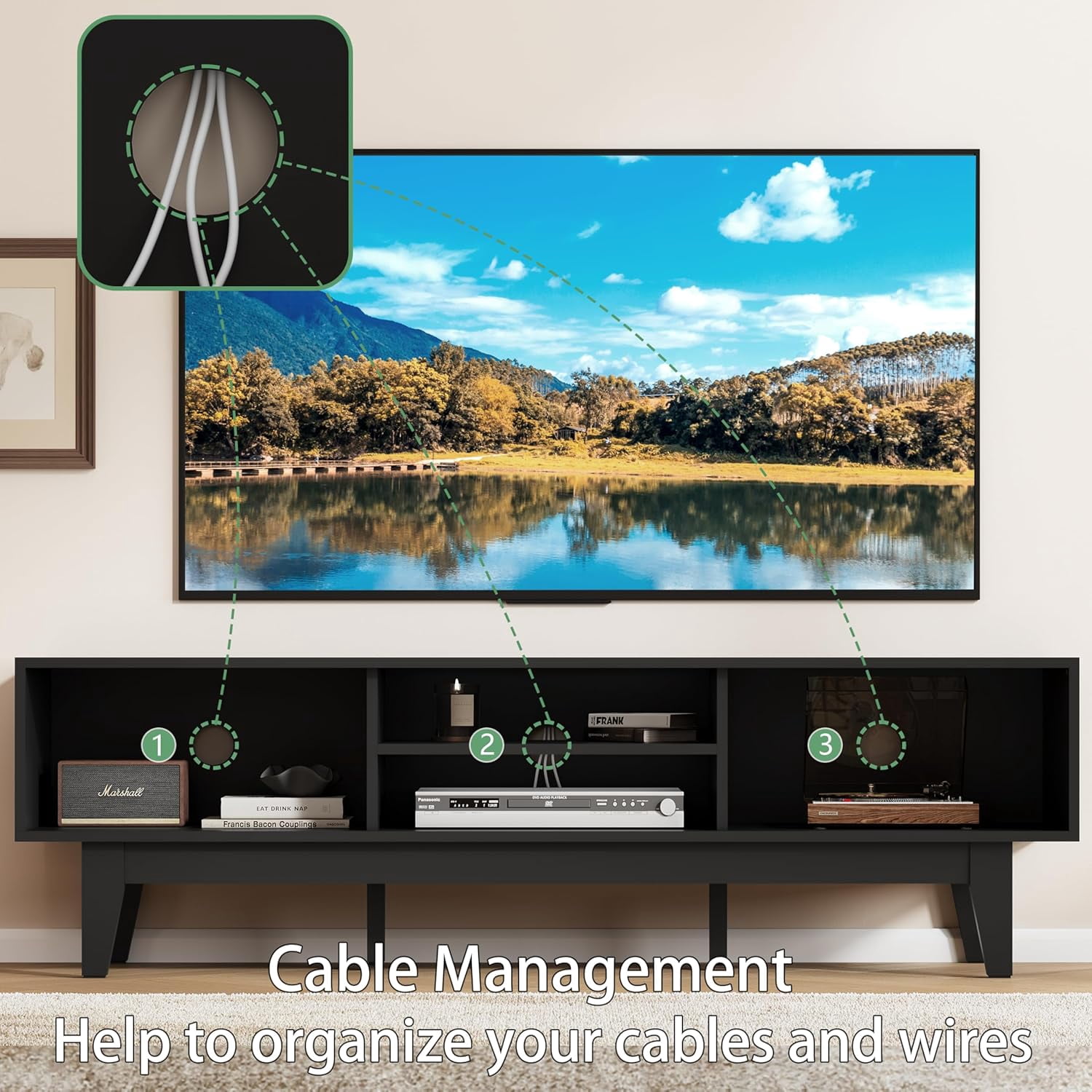 FANRAL Mid-Century Fluted TV Stand for 65 Inch TV,Modern Entertainment Center with Sliding Doors,Media Console with Adjustable Shelves & Cable Holes for Living Room,Black TV Stand